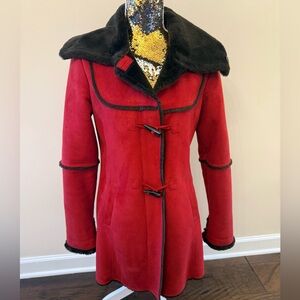 Larry Levine Red Teddy Jacket with Brown Fur Accents